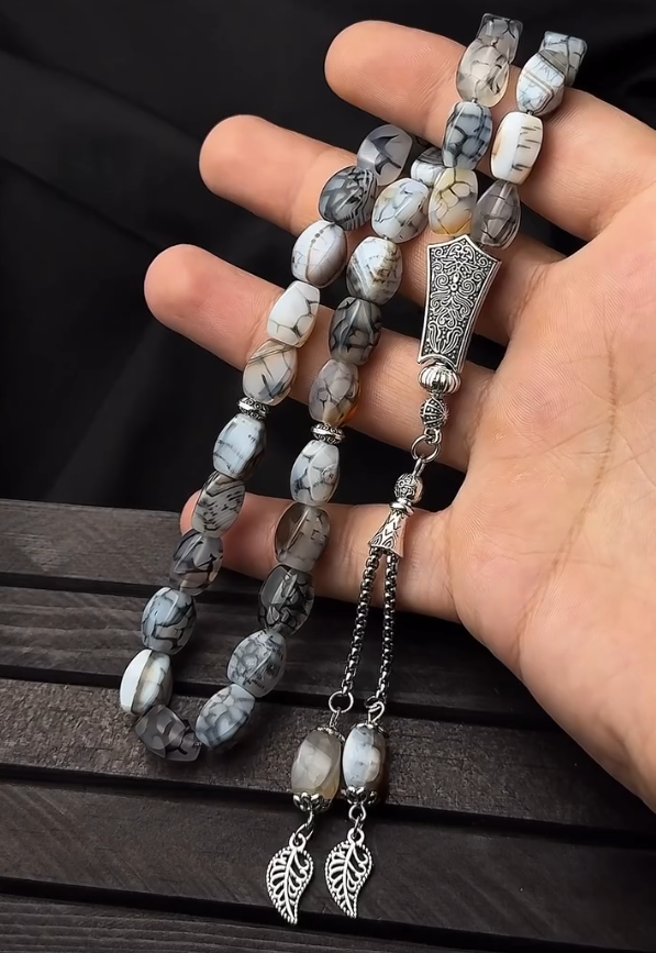REAL White Agate Stone Islamic Prayer 33 beads Tasbih Misbaha Rosary Tasbeeh